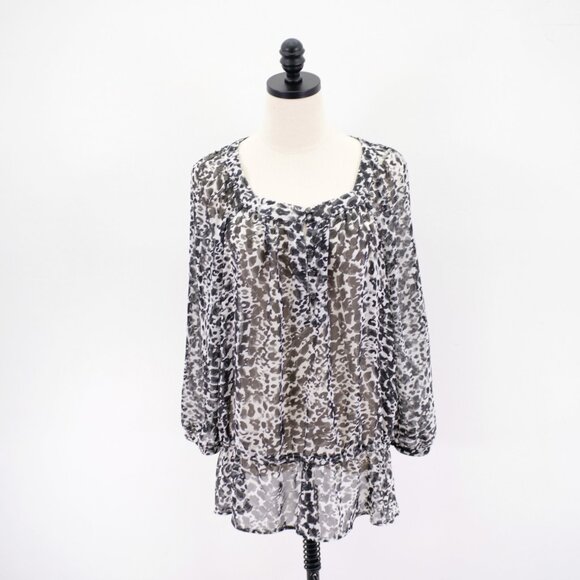 Apt. 9 Sheer Black‎ White Pearl Button Front XL Blouse Top Long Sleeve Polyester - Picture 1 of 10
